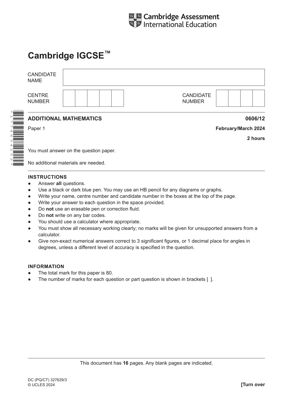 Cambridge IGCSE Mathematics - Additional 0606 2024 Feb/March Paper 1 · Variant 2 question paper, page 1 of 16