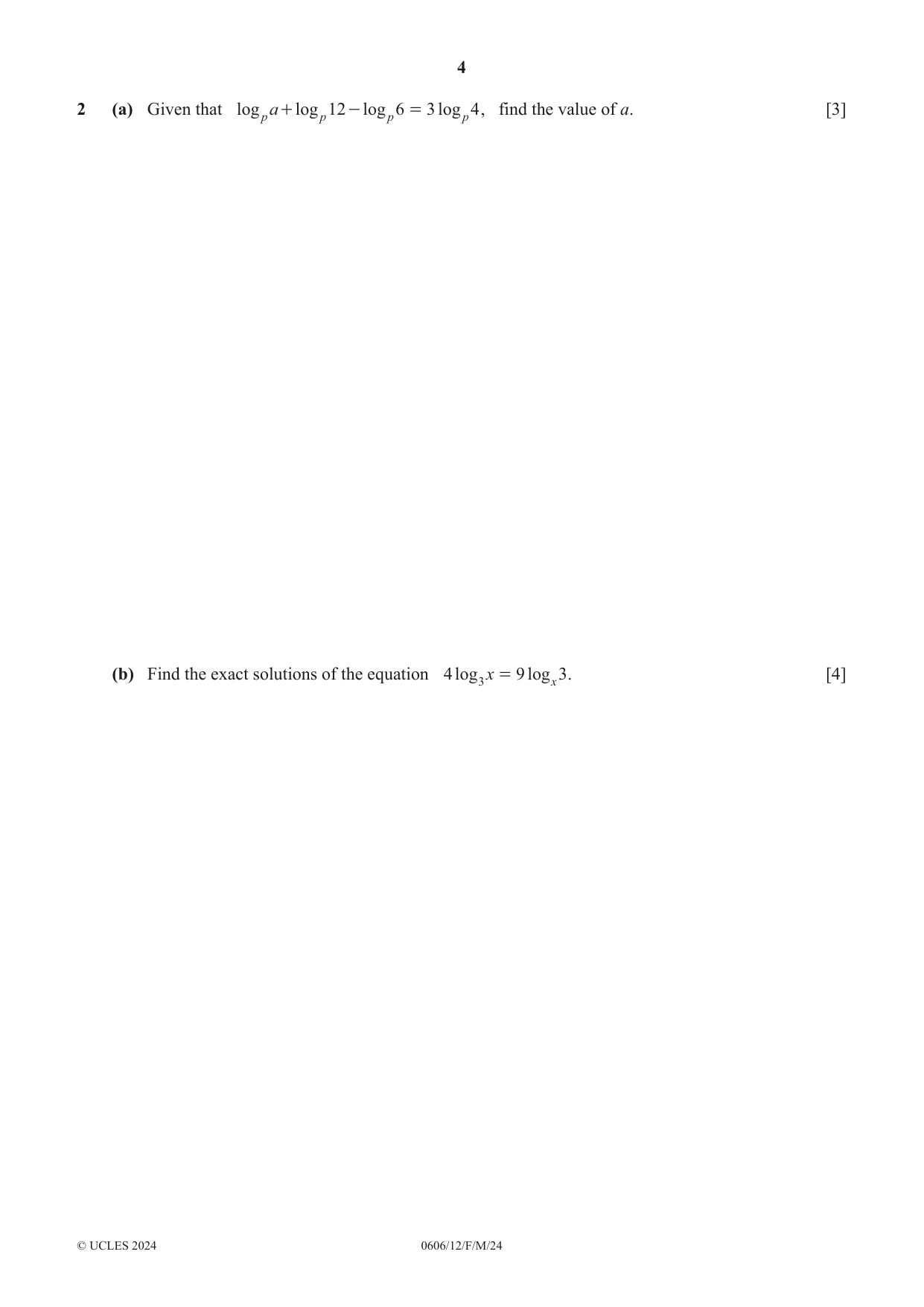 Cambridge IGCSE Mathematics - Additional 0606 2024 Feb/March Paper 1 · Variant 2 question paper, page 4 of 16