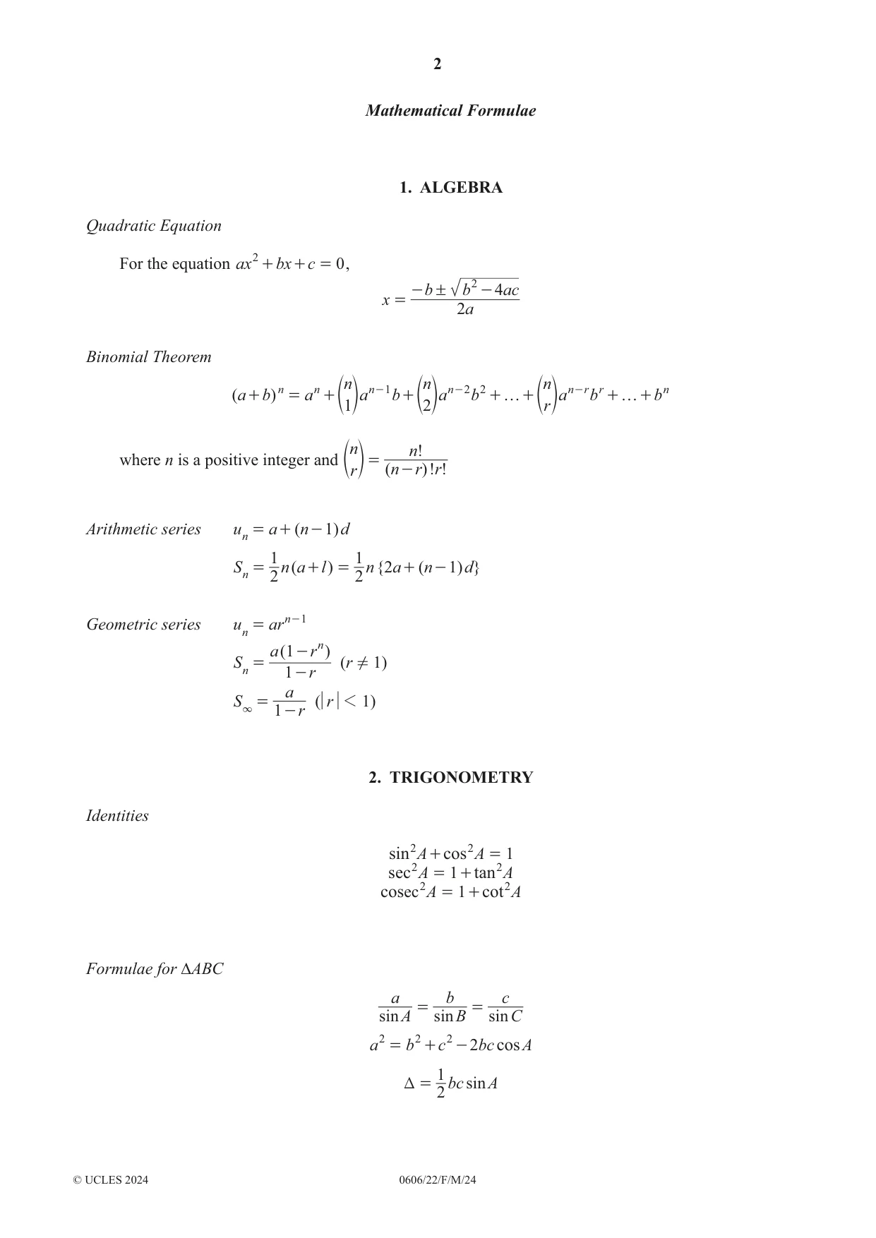 Cambridge IGCSE Mathematics - Additional 0606 2024 Feb/March Paper 2 · Variant 2 question paper, page 2 of 16