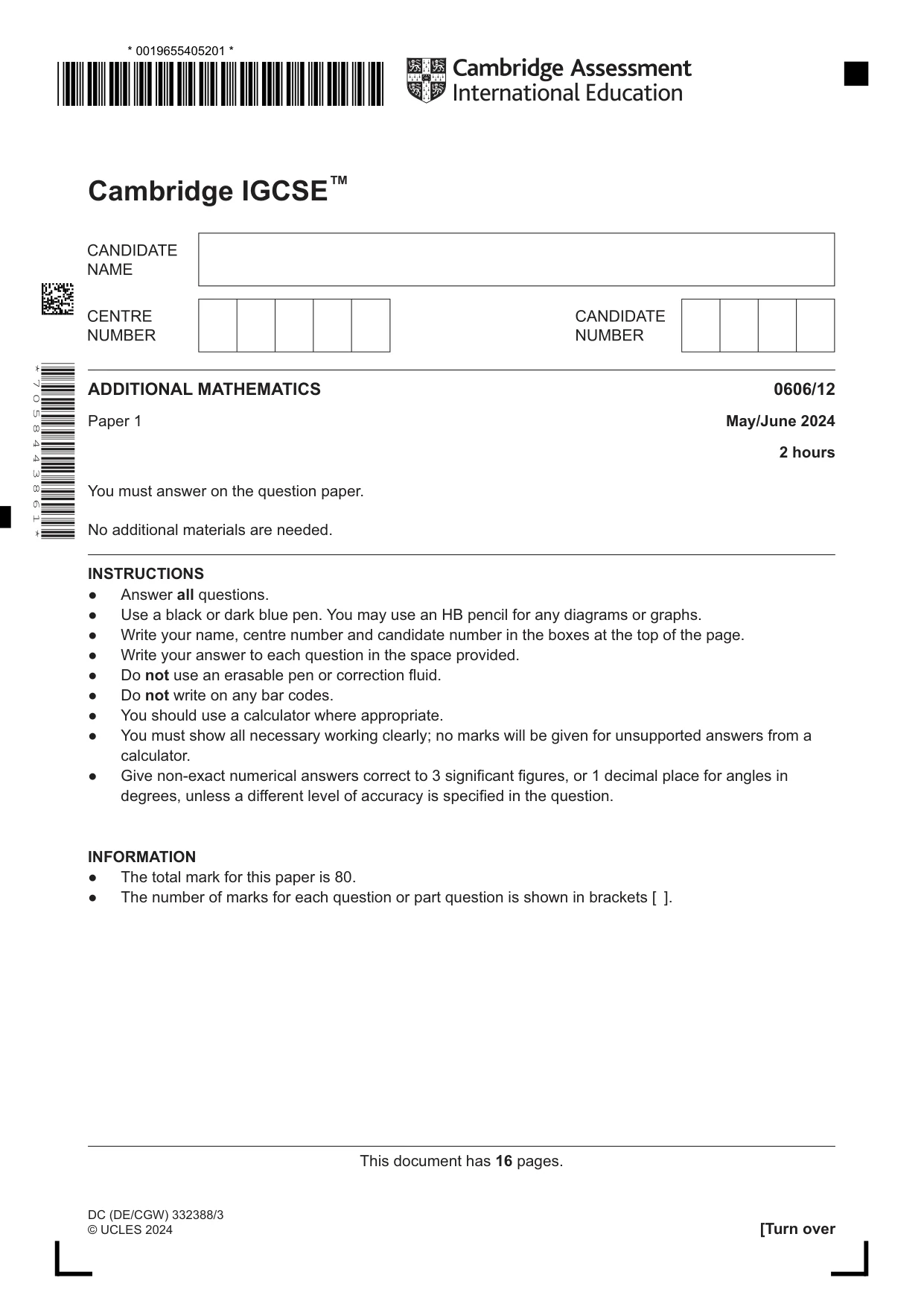 Cambridge IGCSE Mathematics - Additional 0606 2024 May/June Paper 1 · Variant 2 question paper, page 1 of 16