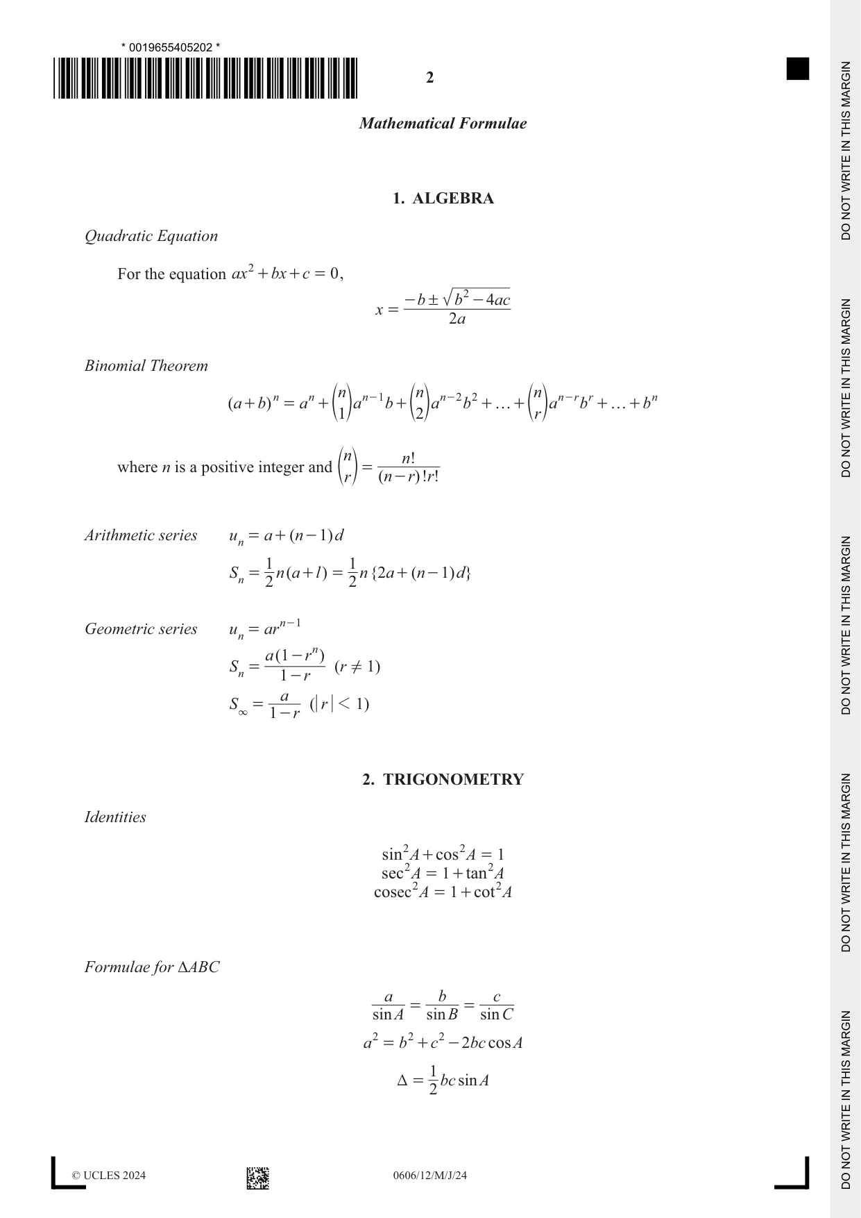 Cambridge IGCSE Mathematics - Additional 0606 2024 May/June Paper 1 · Variant 2 question paper, page 2 of 16