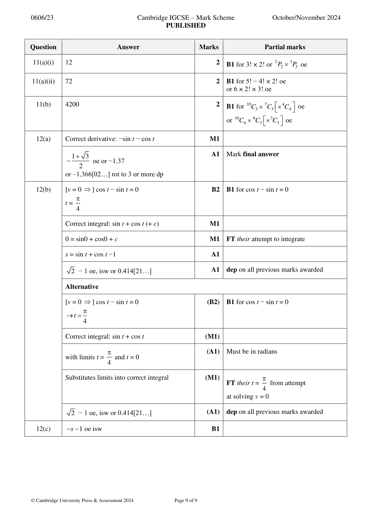 Mark scheme, page 9 of 9