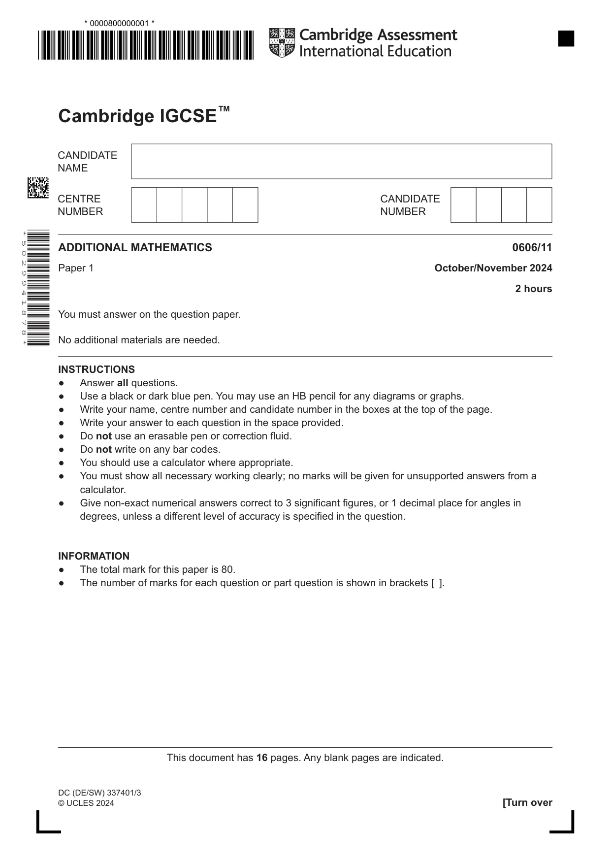 Cambridge IGCSE Mathematics - Additional 0606 2024 Oct/Nov Paper 1 · Variant 1 question paper, page 1 of 16