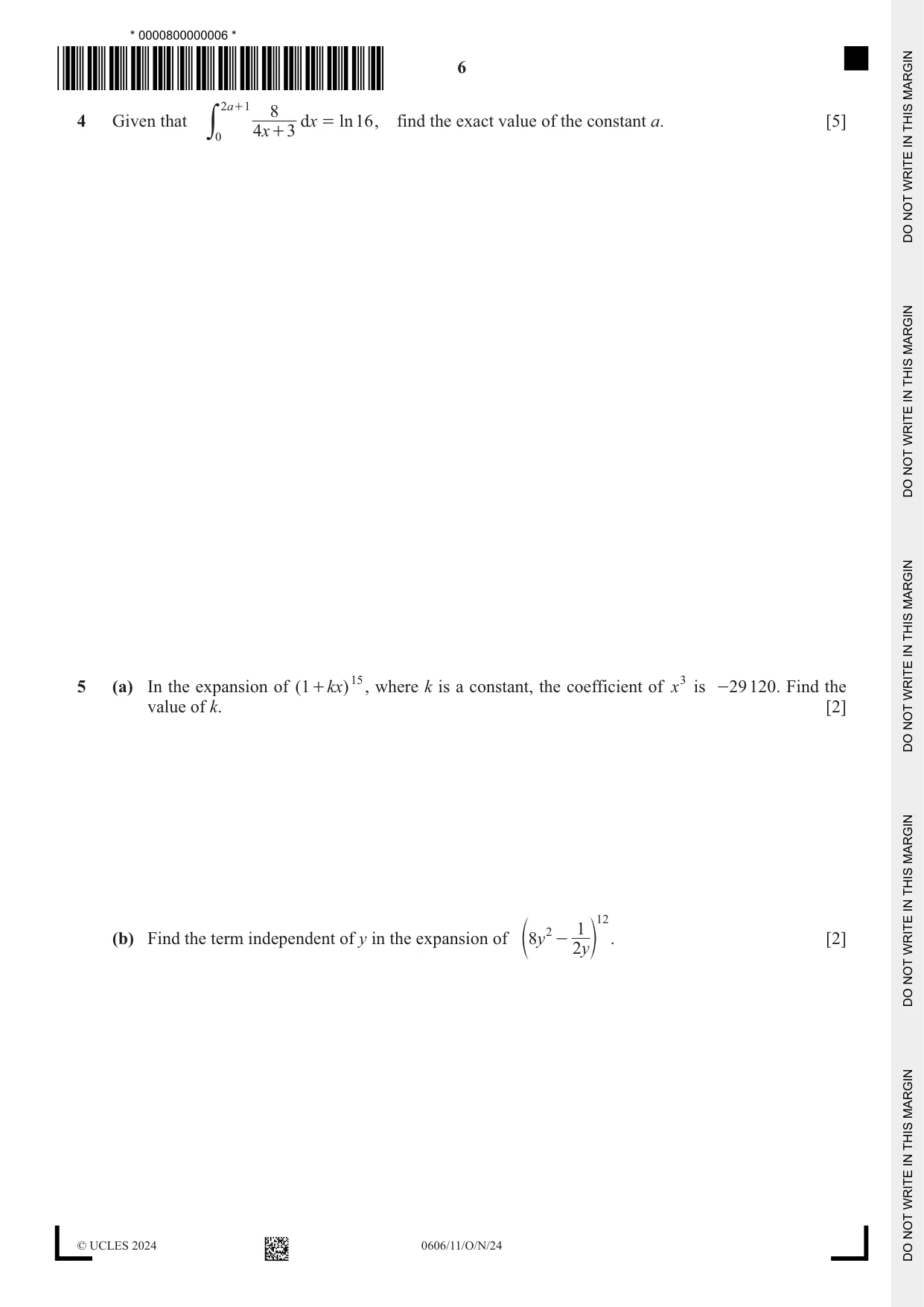 Cambridge IGCSE Mathematics - Additional 0606 2024 Oct/Nov Paper 1 · Variant 1 question paper, page 6 of 16