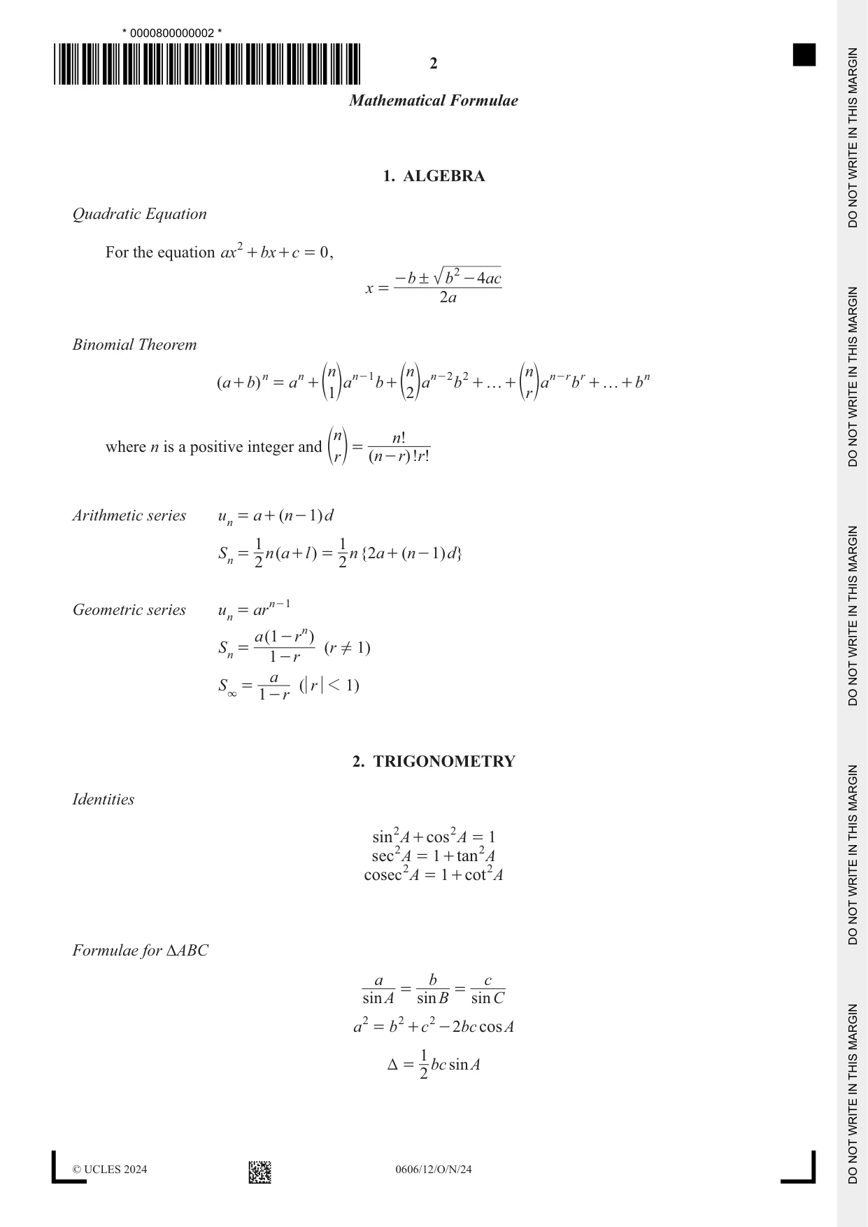 Cambridge IGCSE Mathematics - Additional 0606 2024 Oct/Nov Paper 1 · Variant 2 question paper, page 2 of 16
