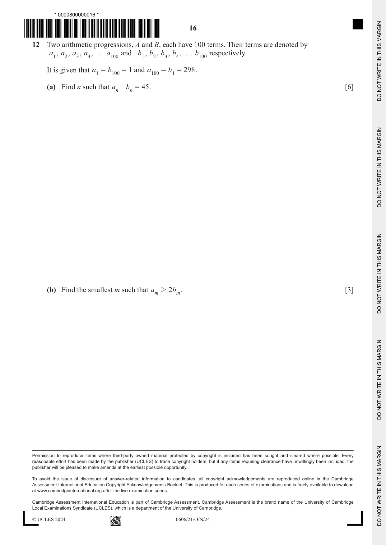 Cambridge IGCSE Mathematics - Additional 0606 2024 Oct/Nov Paper 2 · Variant 1 question paper, page 16 of 16