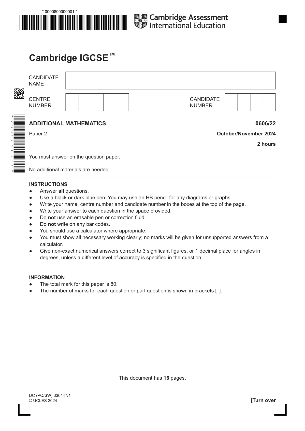 Cambridge IGCSE Mathematics - Additional 0606 2024 Oct/Nov Paper 2 · Variant 2 question paper, page 1 of 16