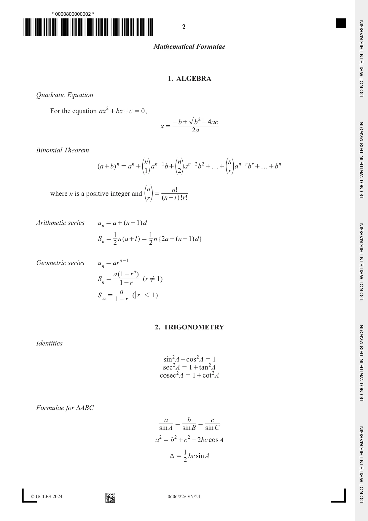 Cambridge IGCSE Mathematics - Additional 0606 2024 Oct/Nov Paper 2 · Variant 2 question paper, page 2 of 16