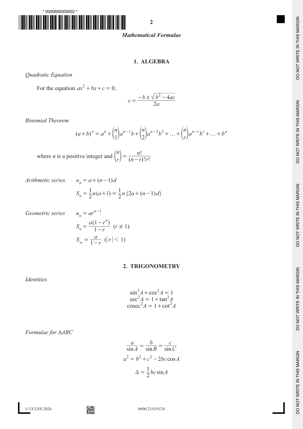 Cambridge IGCSE Mathematics - Additional 0606 2024 Oct/Nov Paper 2 · Variant 3 question paper, page 2 of 16