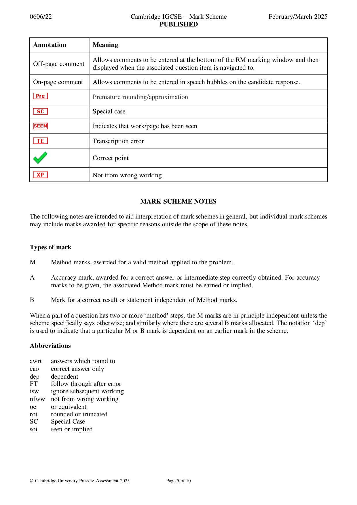 Mark scheme, page 5 of 10