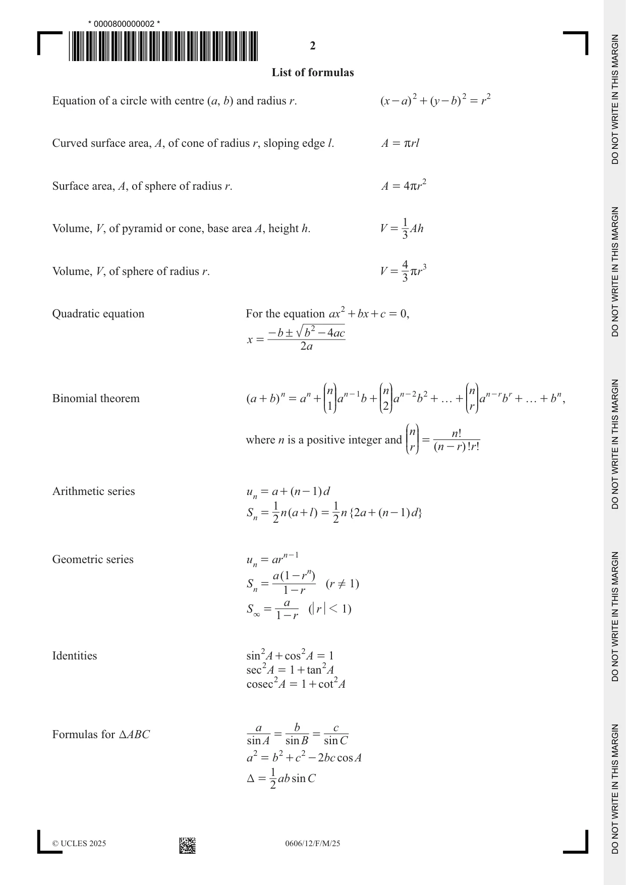Cambridge IGCSE Mathematics - Additional 0606 2025 Feb/March Paper 1 · Variant 2 question paper, page 2 of 16