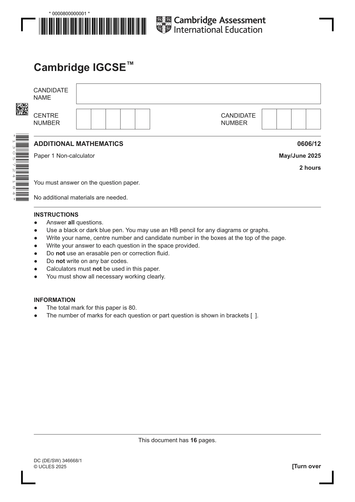 Cambridge IGCSE Mathematics - Additional 0606 2025 May/June Paper 1 · Variant 2 question paper, page 1 of 16