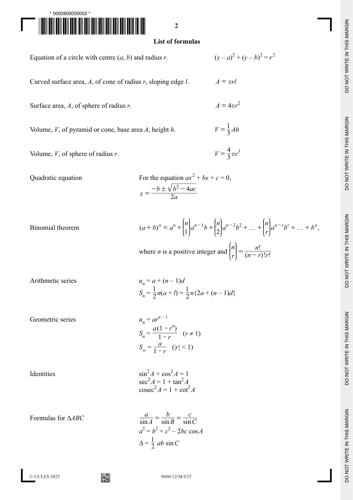 Cambridge IGCSE Mathematics - Additional 0606 2025 May/June Paper 1 · Variant 2 question paper, page 2 of 16