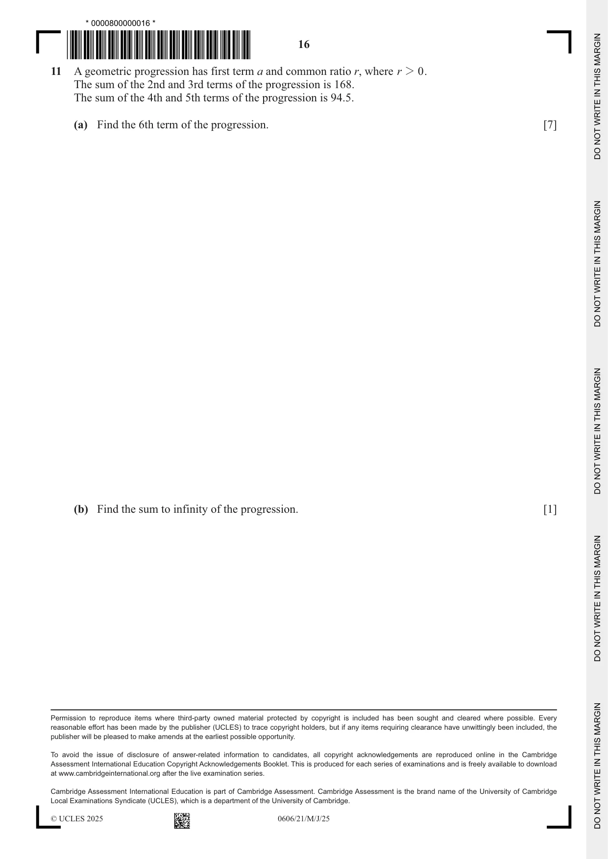 Cambridge IGCSE Mathematics - Additional 0606 2025 May/June Paper 2 · Variant 1 question paper, page 16 of 16