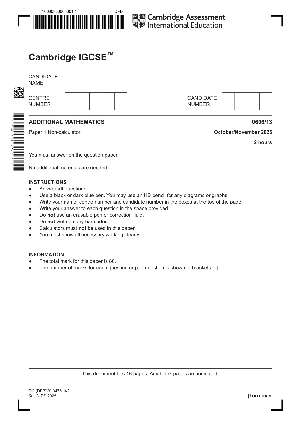 Cambridge IGCSE Mathematics - Additional 0606 2025 Oct/Nov Paper 1 · Variant 3 question paper, page 1 of 16
