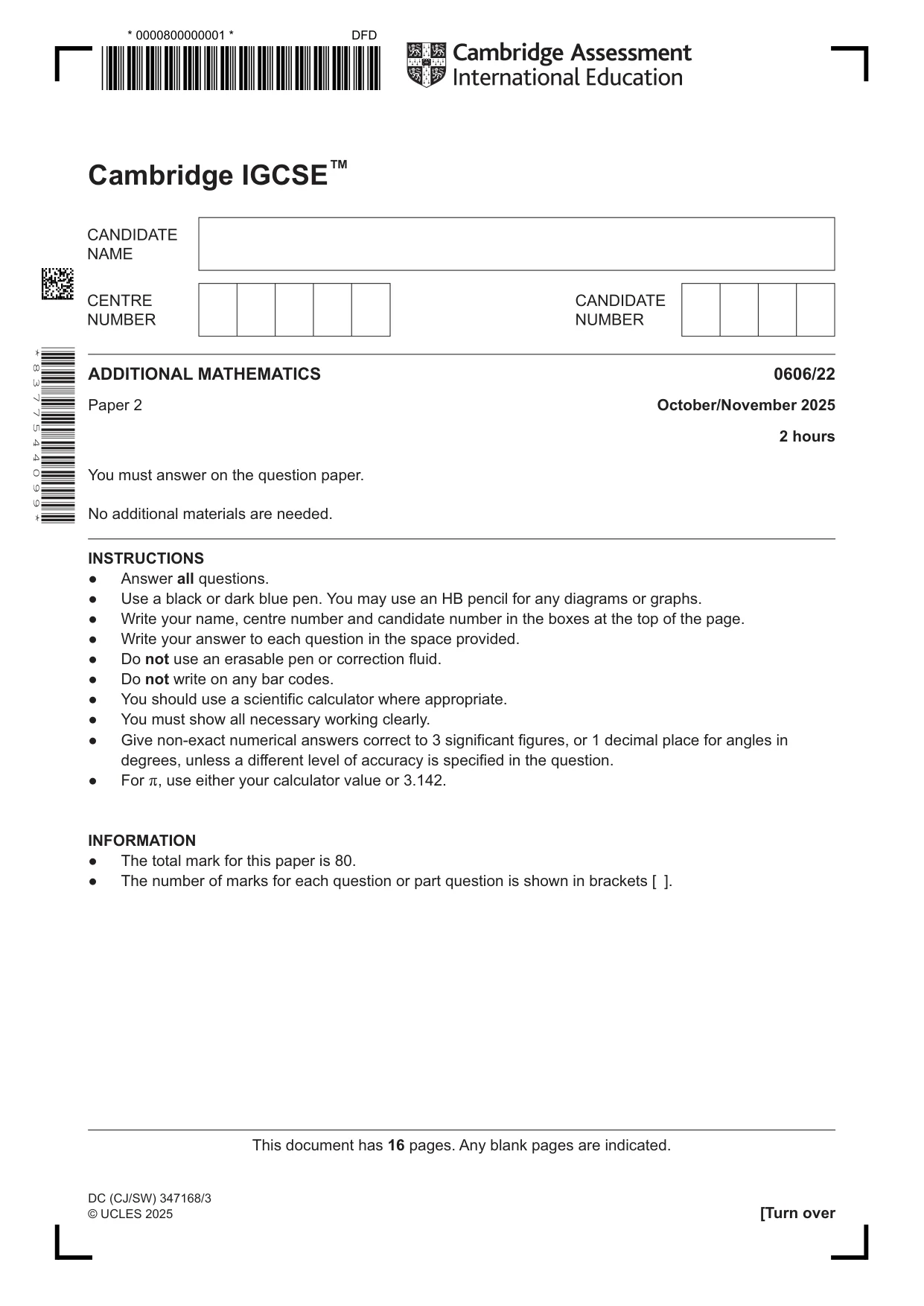 Cambridge IGCSE Mathematics - Additional 0606 2025 Oct/Nov Paper 2 · Variant 2 question paper, page 1 of 16
