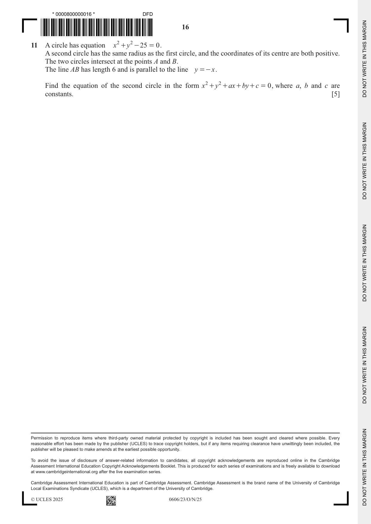 Cambridge IGCSE Mathematics - Additional 0606 2025 Oct/Nov Paper 2 · Variant 3 question paper, page 16 of 16
