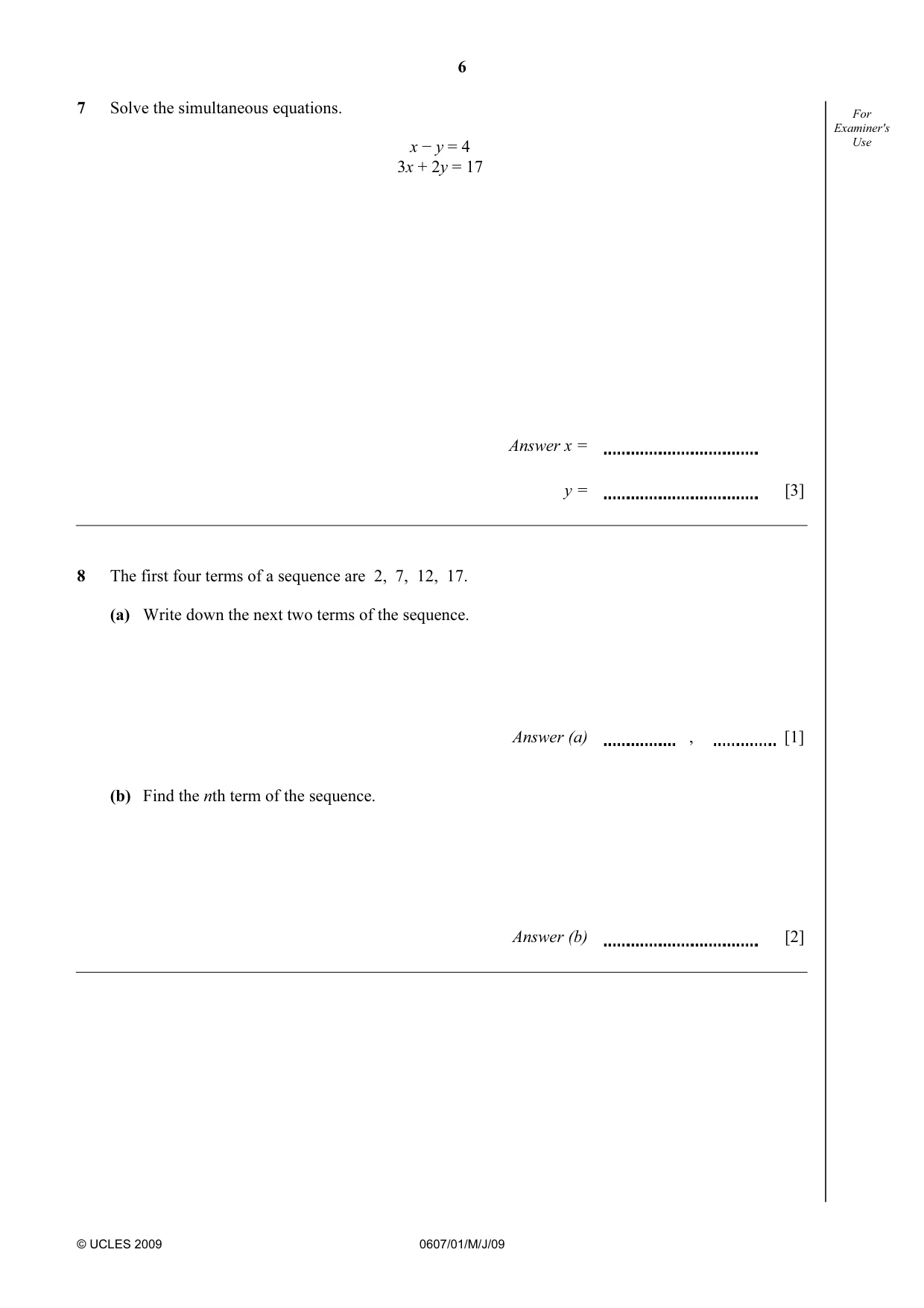 Cambridge IGCSE Mathematics - International 0607 2009 May/June Paper 1 · Variant 1 question paper, page 6 of 12