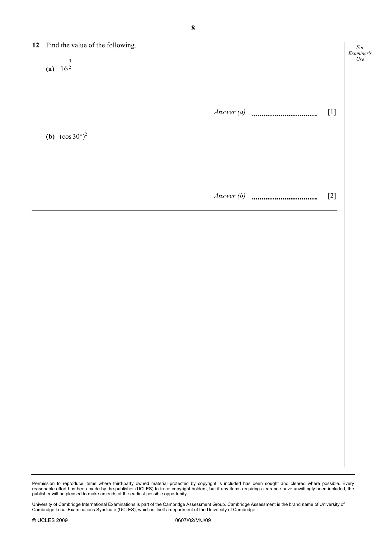 Cambridge IGCSE Mathematics - International 0607 2009 May/June Paper 2 · Variant 1 question paper, page 8 of 8