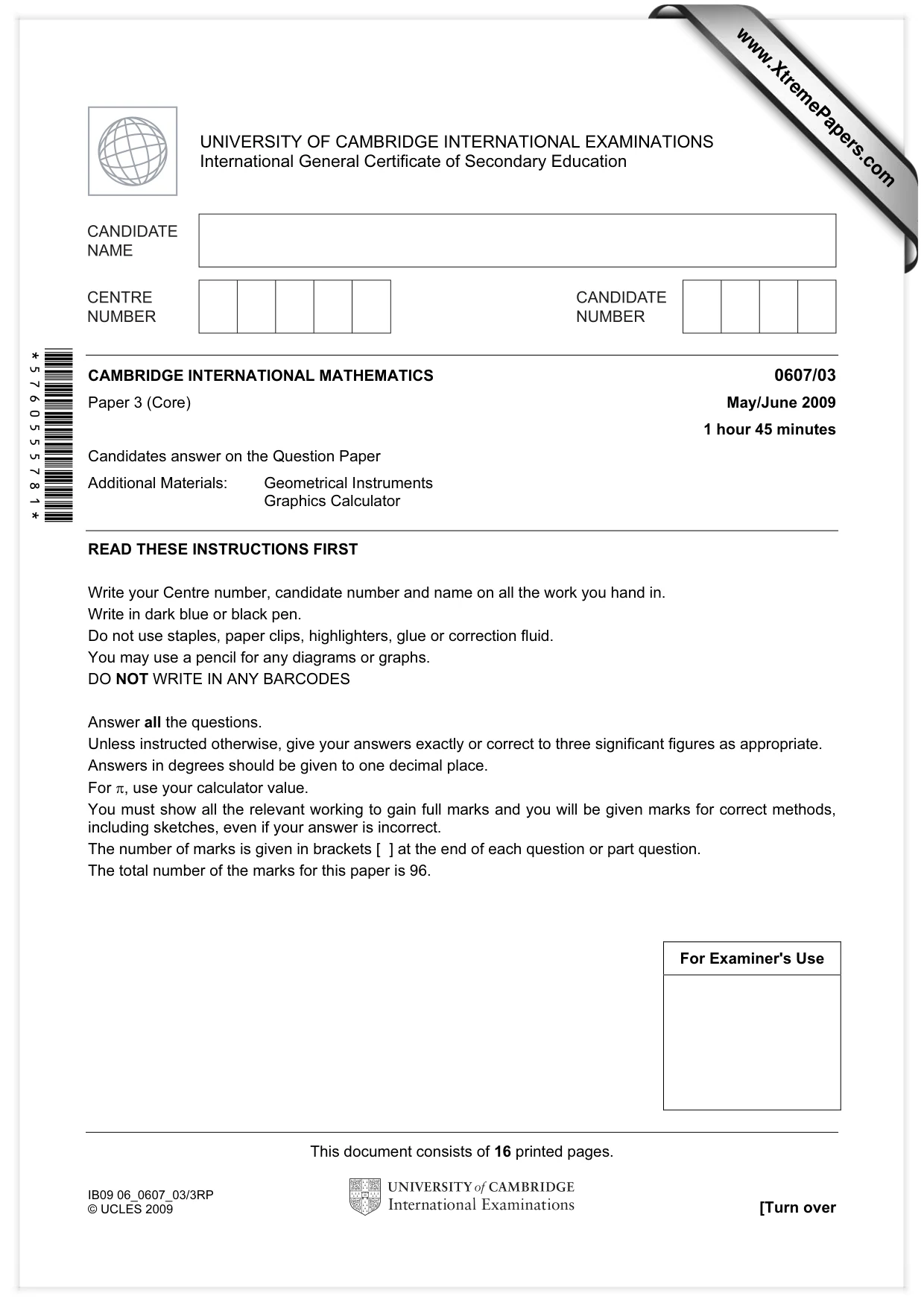 Cambridge IGCSE Mathematics - International 0607 2009 May/June Paper 3 · Variant 1 question paper, page 1 of 16