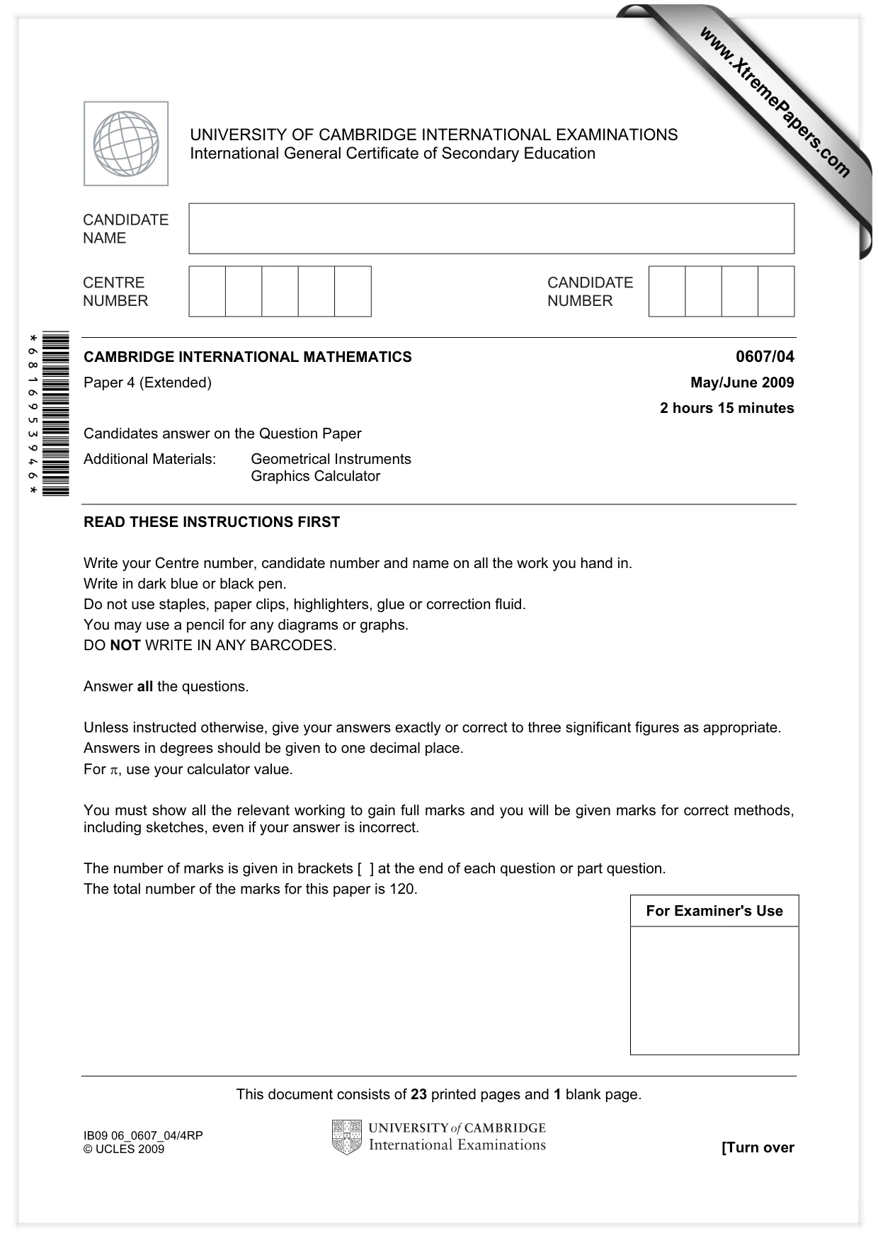 Cambridge IGCSE Mathematics - International 0607 2009 May/June Paper 4 · Variant 1 question paper, page 1 of 24
