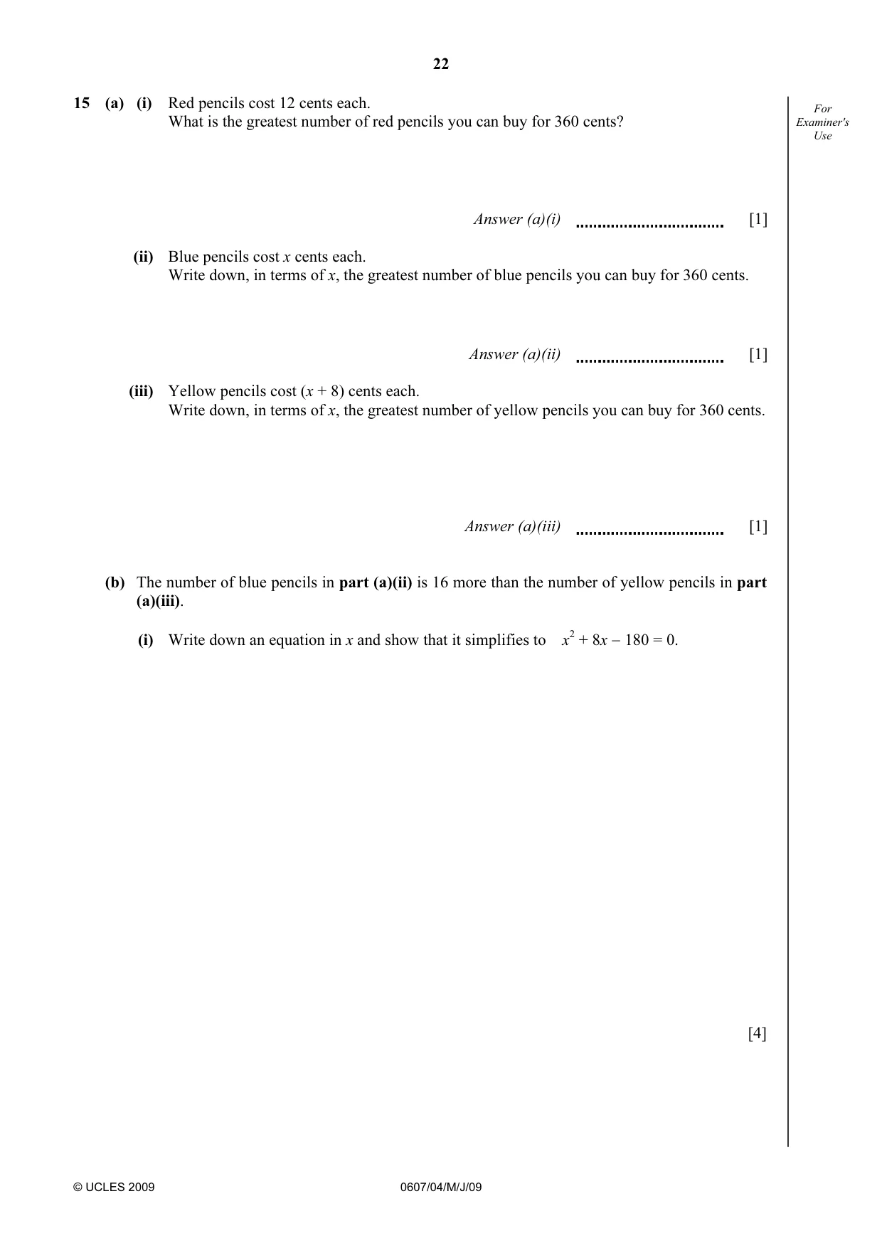 Cambridge IGCSE Mathematics - International 0607 2009 May/June Paper 4 · Variant 1 question paper, page 22 of 24