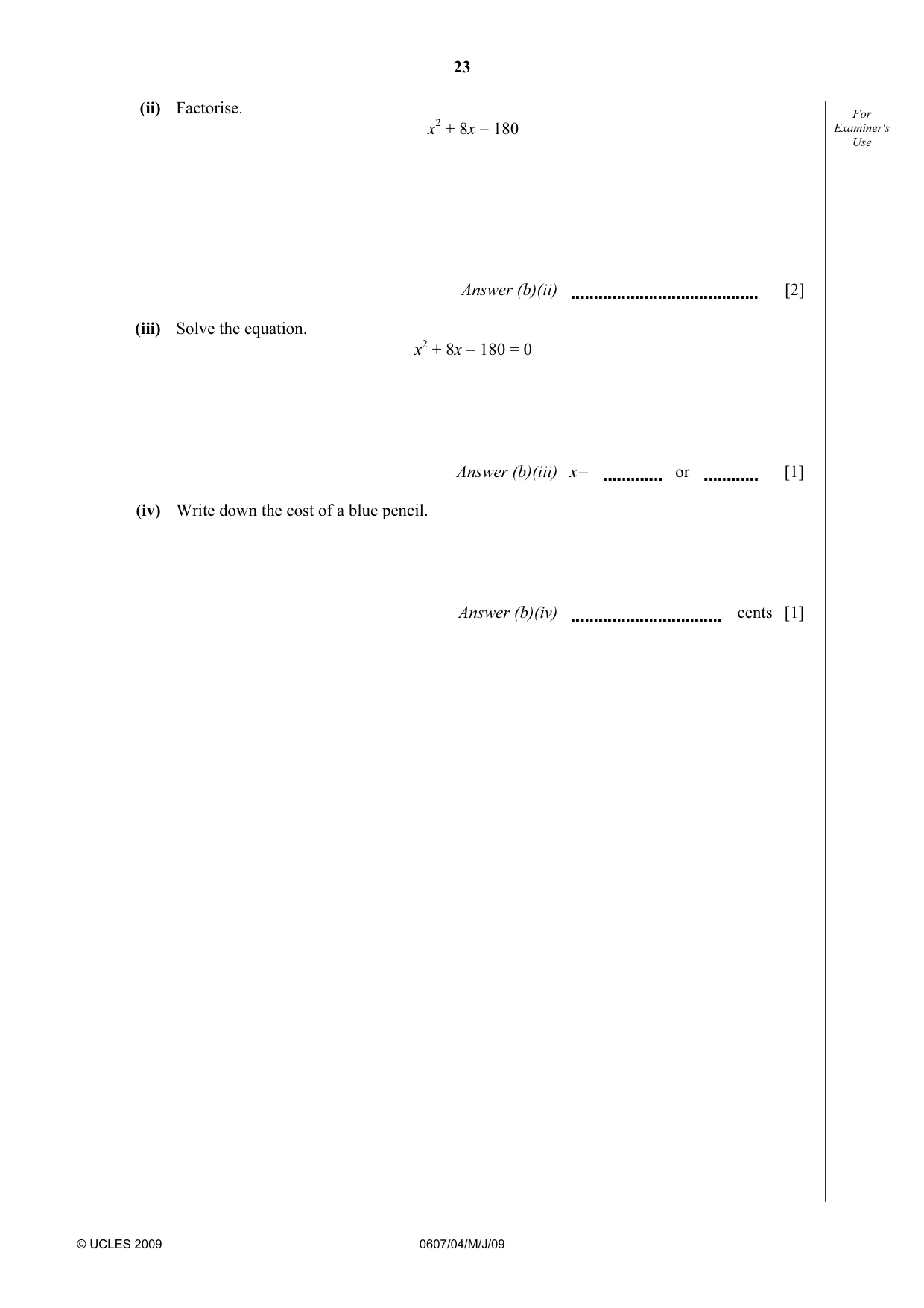 Cambridge IGCSE Mathematics - International 0607 2009 May/June Paper 4 · Variant 1 question paper, page 23 of 24