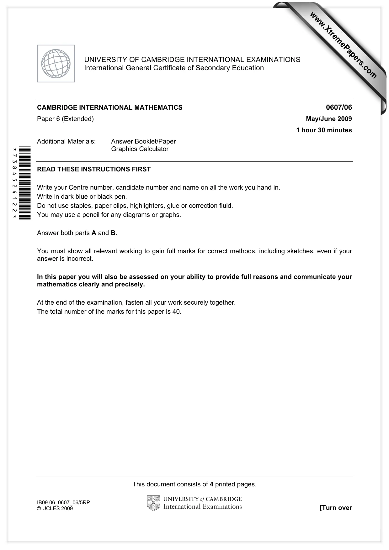 Cambridge IGCSE Mathematics - International 0607 2009 May/June Paper 6 · Variant 1 question paper, page 1 of 4