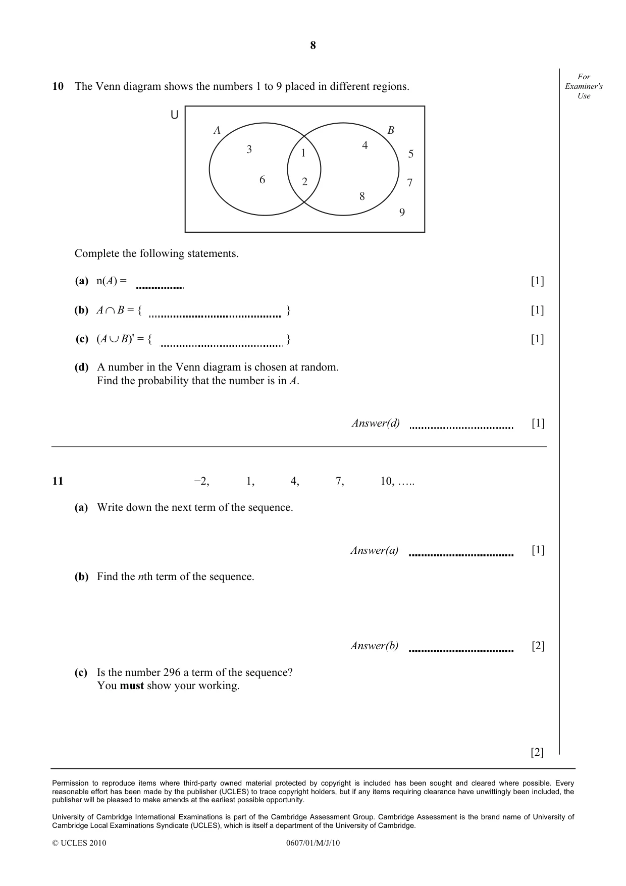 Cambridge IGCSE Mathematics - International 0607 2010 May/June Paper 1 · Variant 1 question paper, page 8 of 8