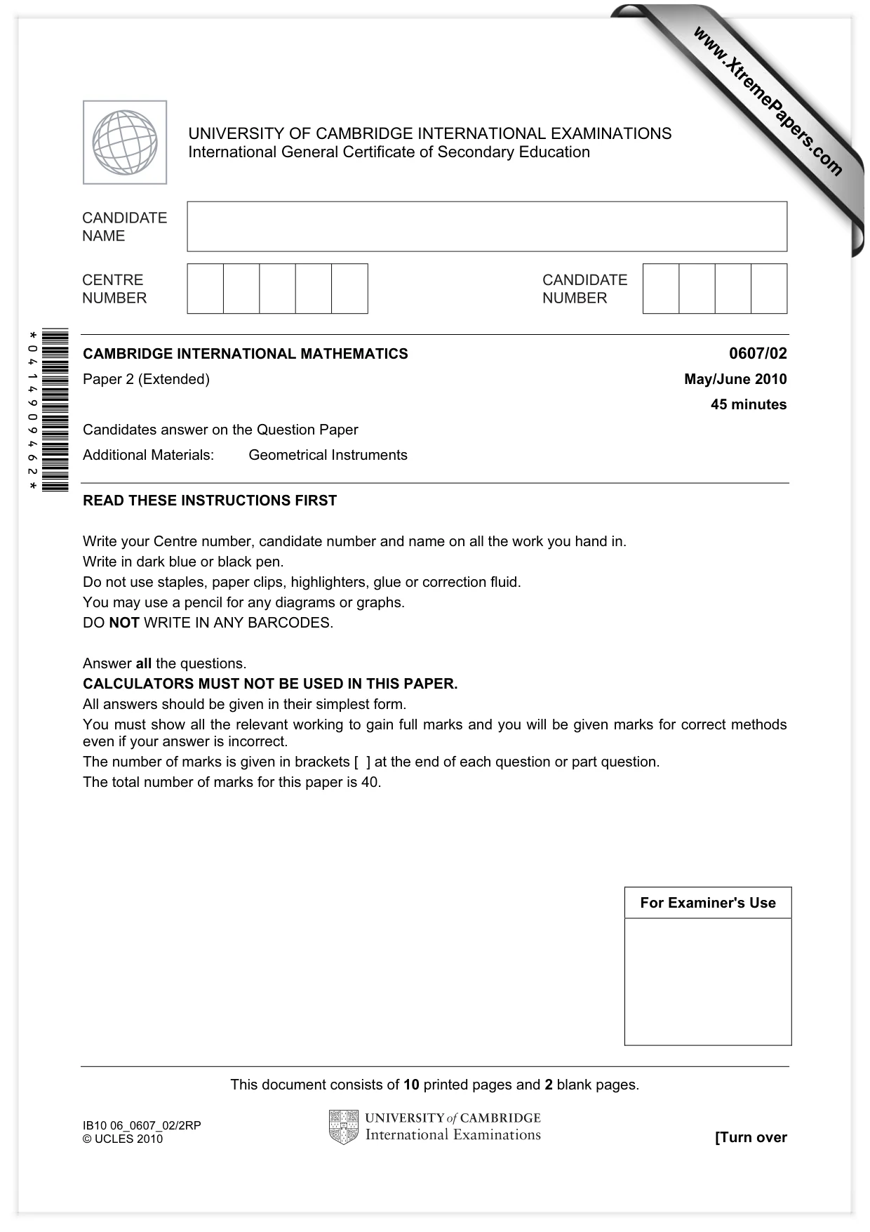 Cambridge IGCSE Mathematics - International 0607 2010 May/June Paper 2 · Variant 1 question paper, page 1 of 12