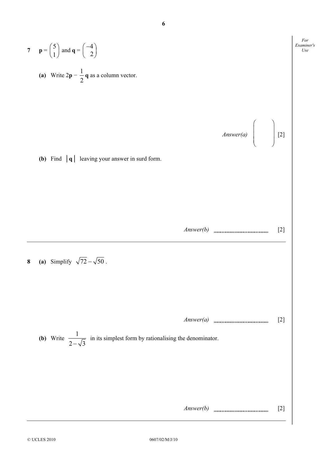 Cambridge IGCSE Mathematics - International 0607 2010 May/June Paper 2 · Variant 1 question paper, page 6 of 12