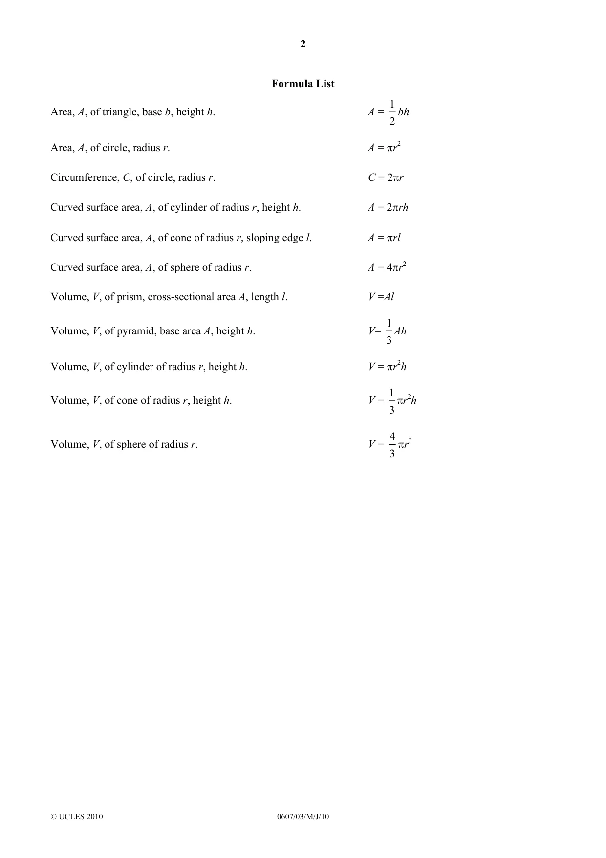 Cambridge IGCSE Mathematics - International 0607 2010 May/June Paper 3 · Variant 1 question paper, page 2 of 20