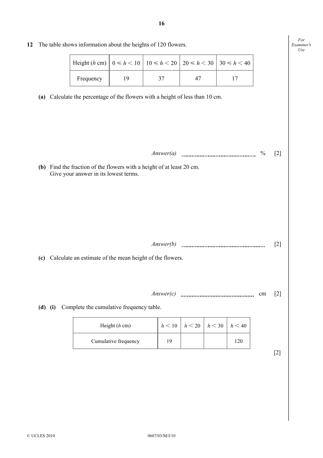 Cambridge IGCSE Mathematics - International 0607 2010 May/June Paper 3 · Variant 1 question paper, page 16 of 20