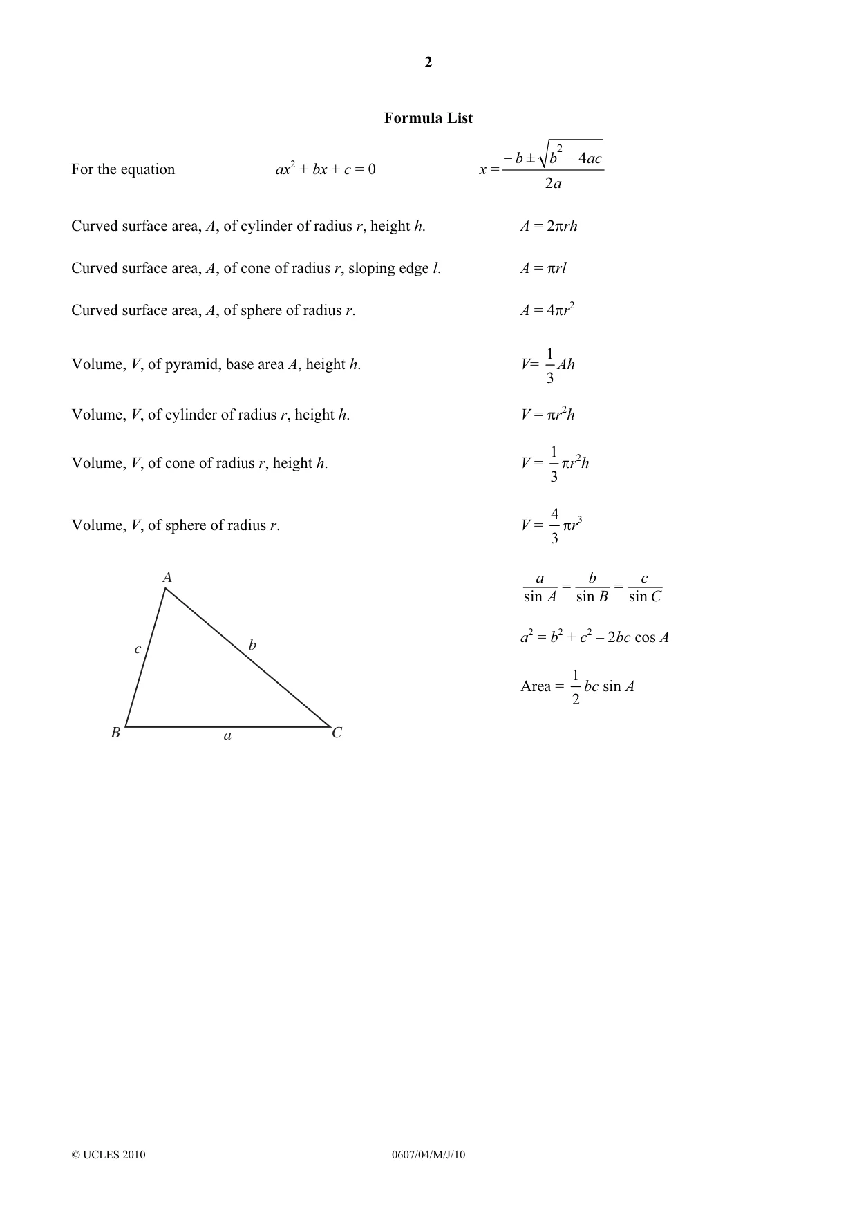 Cambridge IGCSE Mathematics - International 0607 2010 May/June Paper 4 · Variant 1 question paper, page 2 of 20
