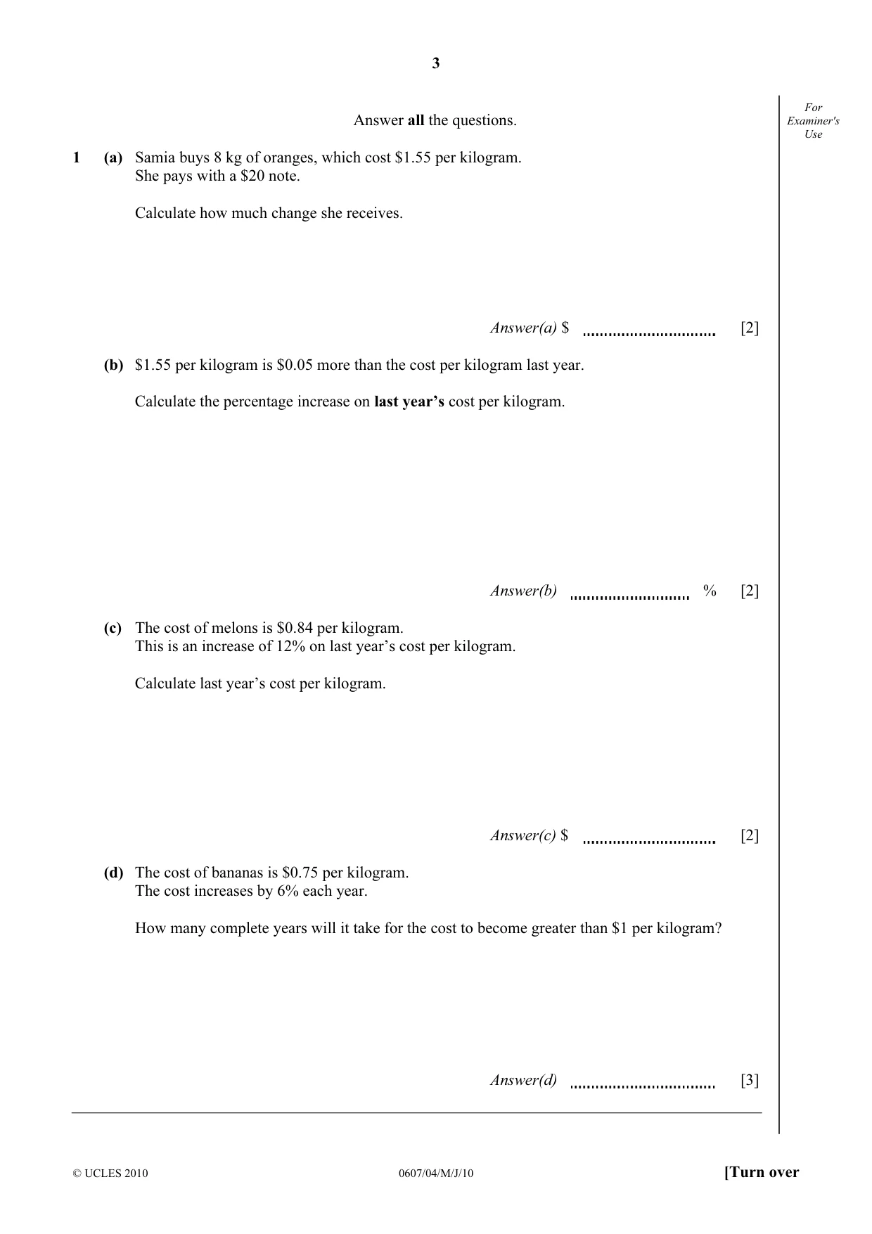 Cambridge IGCSE Mathematics - International 0607 2010 May/June Paper 4 · Variant 1 question paper, page 3 of 20