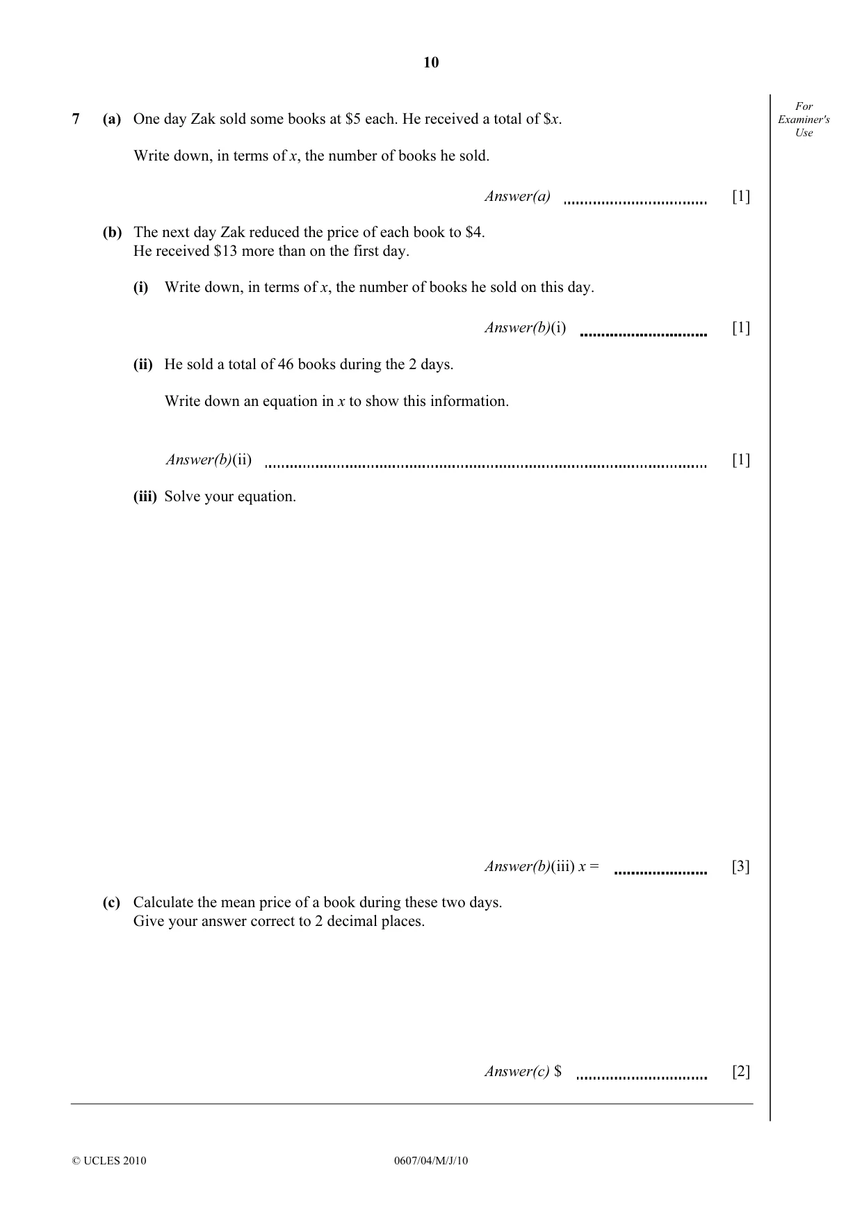 Cambridge IGCSE Mathematics - International 0607 2010 May/June Paper 4 · Variant 1 question paper, page 10 of 20