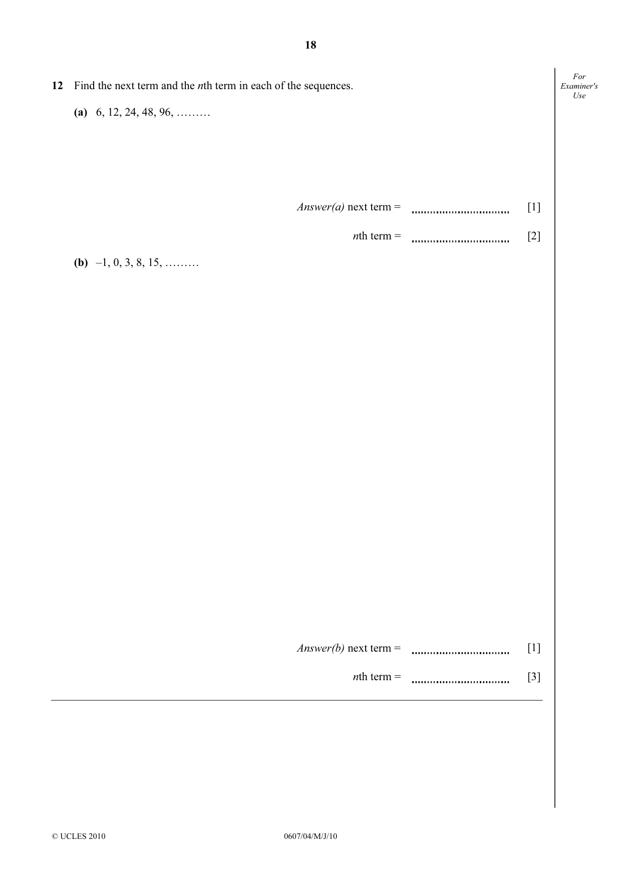Cambridge IGCSE Mathematics - International 0607 2010 May/June Paper 4 · Variant 1 question paper, page 18 of 20