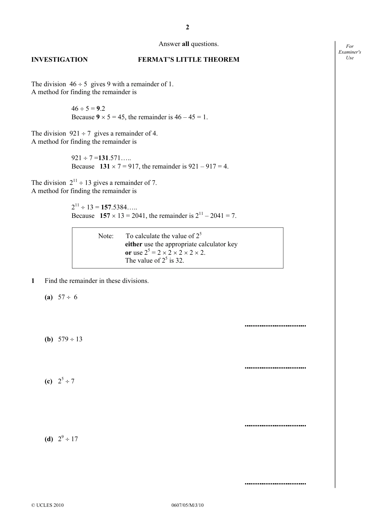 Cambridge IGCSE Mathematics - International 0607 2010 May/June Paper 5 · Variant 1 question paper, page 2 of 4