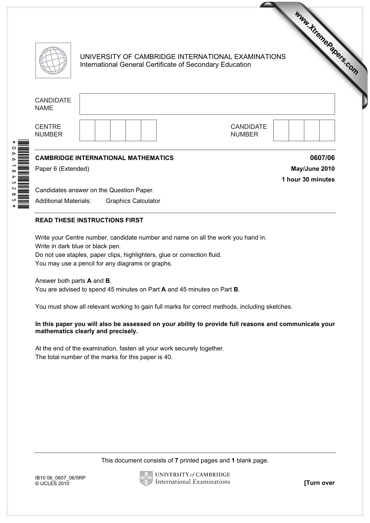 Cambridge IGCSE Mathematics - International 0607 2010 May/June Paper 6 · Variant 1 question paper, page 1 of 8