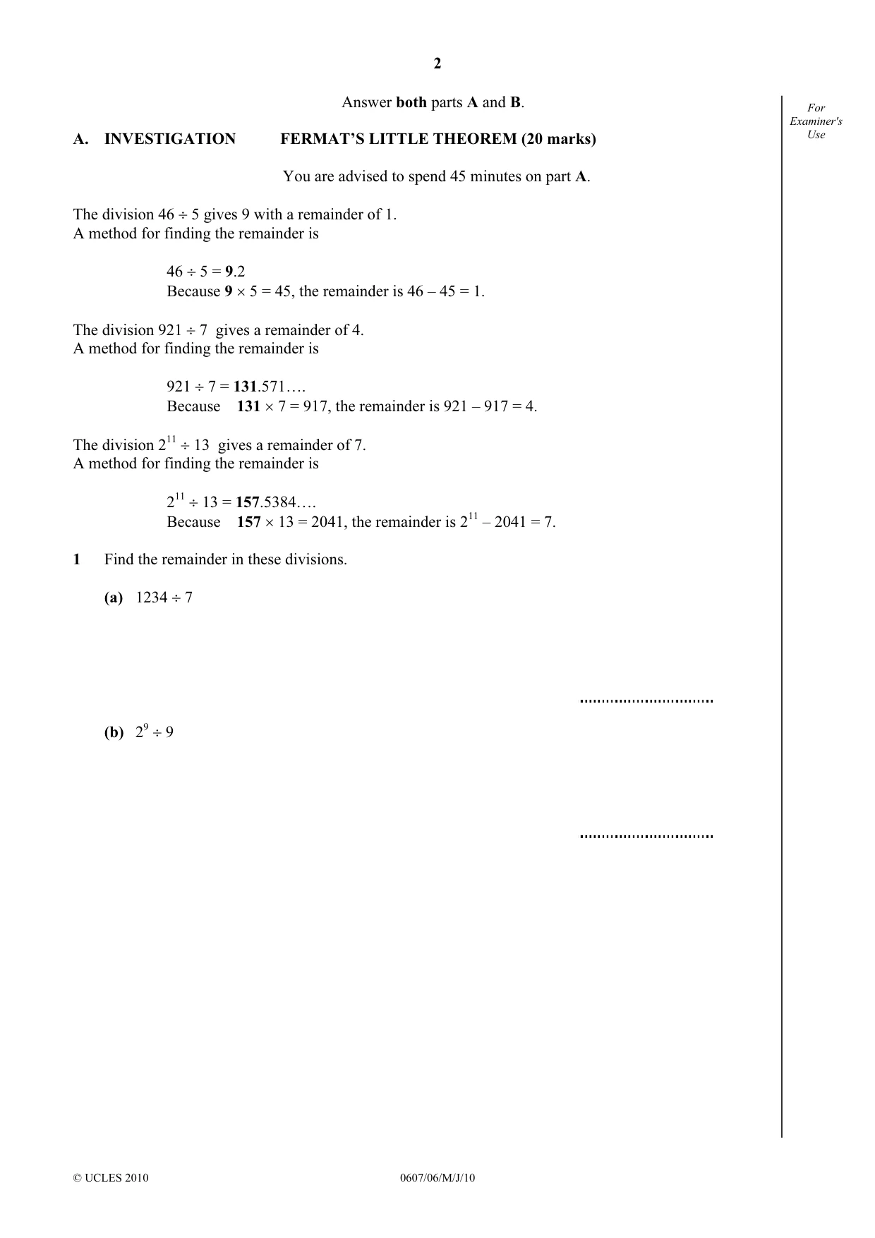 Cambridge IGCSE Mathematics - International 0607 2010 May/June Paper 6 · Variant 1 question paper, page 2 of 8
