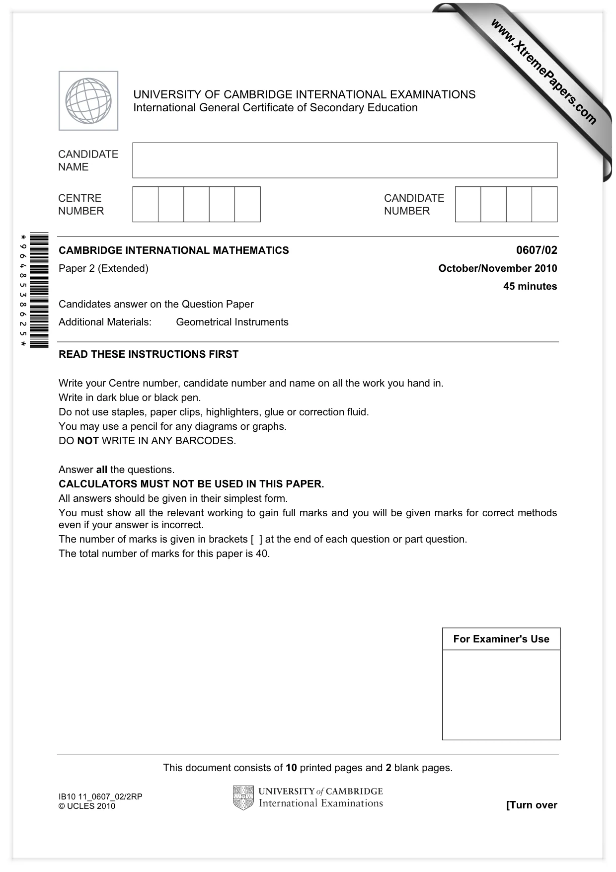Cambridge IGCSE Mathematics - International 0607 2010 Oct/Nov Paper 2 · Variant 1 question paper, page 1 of 12