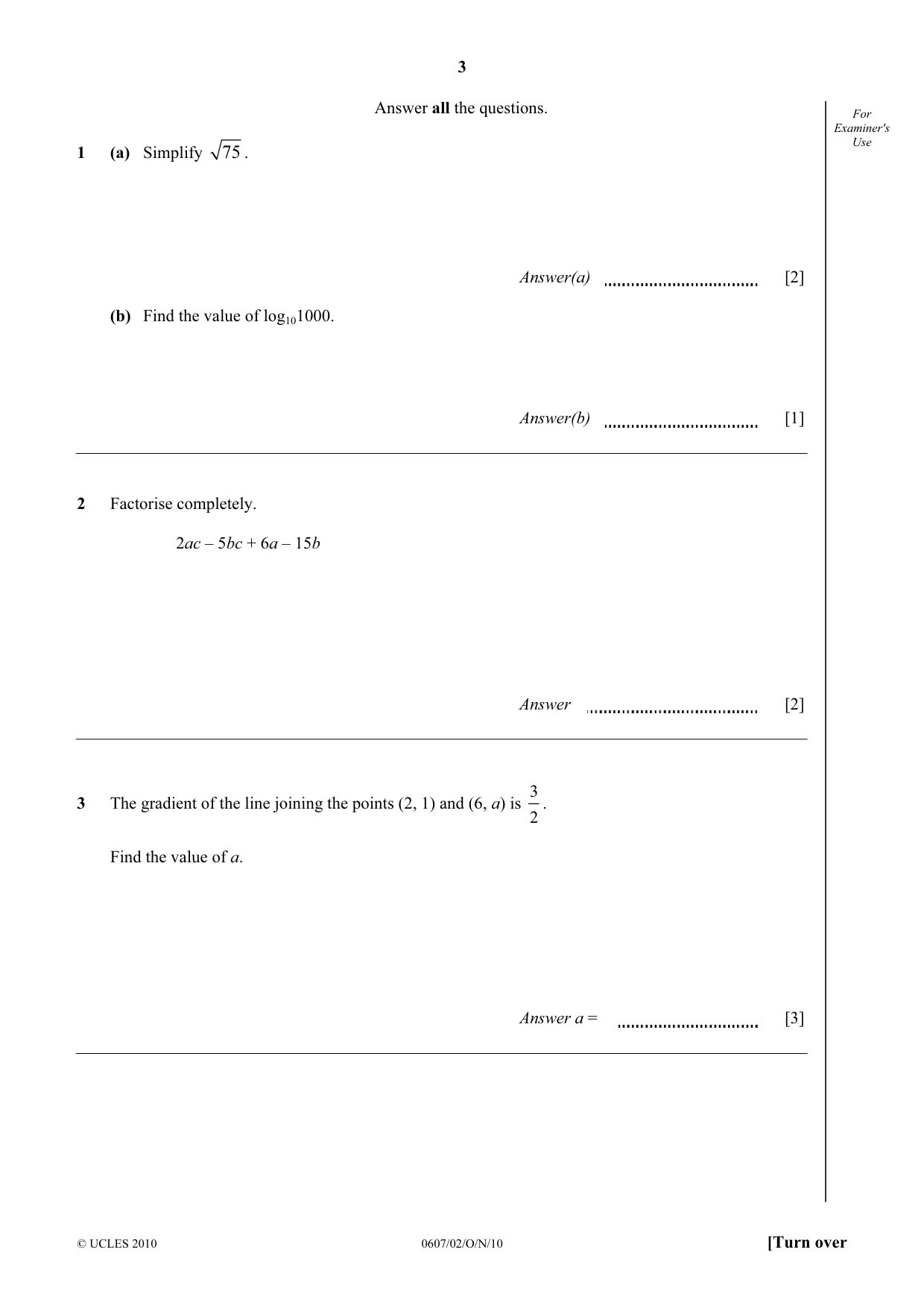 Cambridge IGCSE Mathematics - International 0607 2010 Oct/Nov Paper 2 · Variant 1 question paper, page 3 of 12
