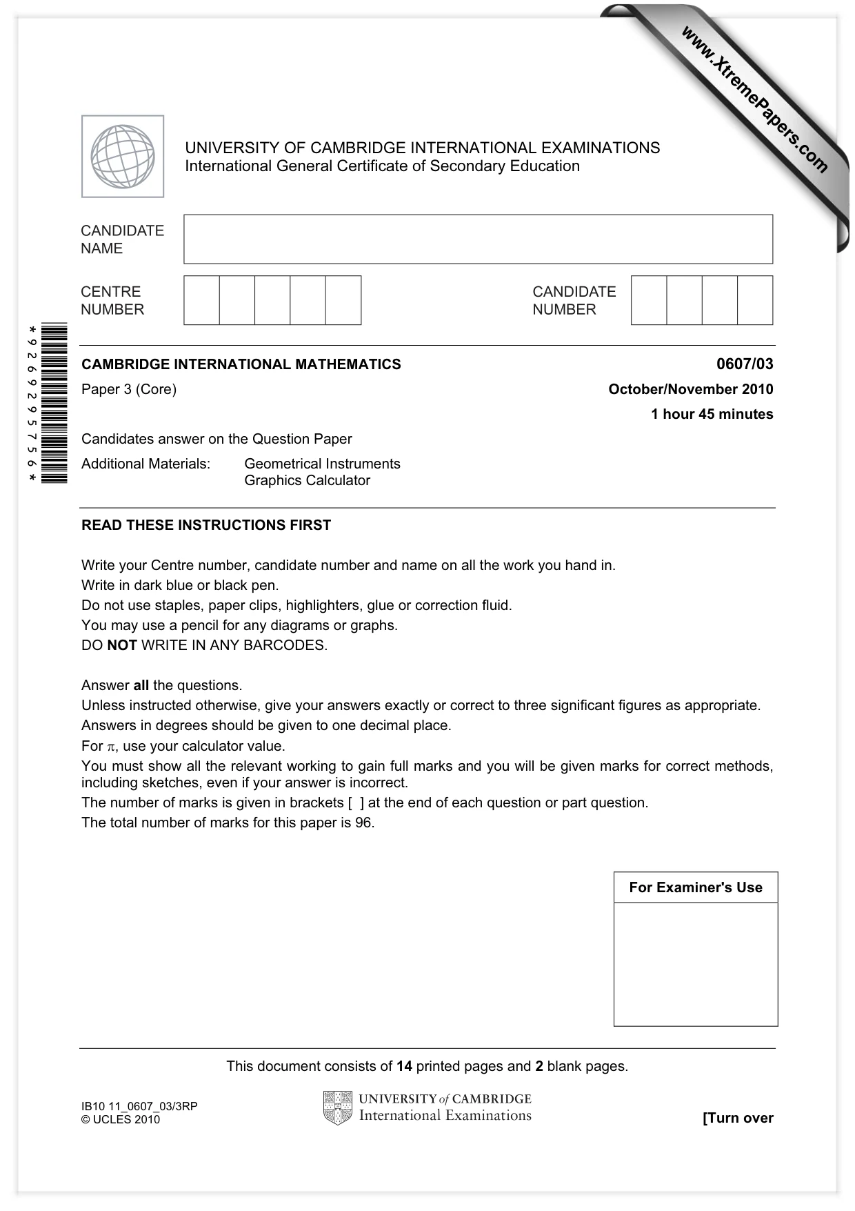Cambridge IGCSE Mathematics - International 0607 2010 Oct/Nov Paper 3 · Variant 1 question paper, page 1 of 16