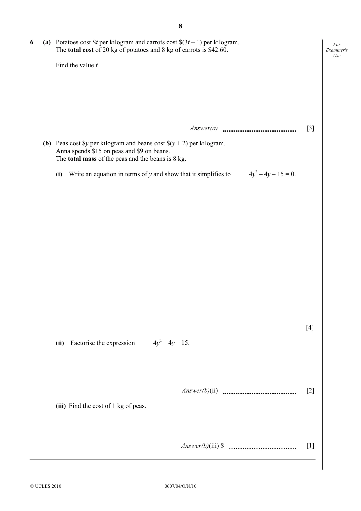 Cambridge IGCSE Mathematics - International 0607 2010 Oct/Nov Paper 4 · Variant 1 question paper, page 8 of 20