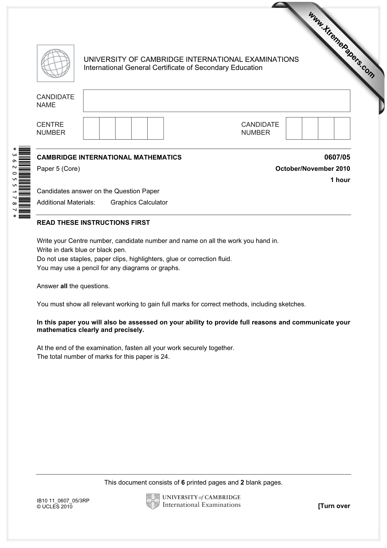 Cambridge IGCSE Mathematics - International 0607 2010 Oct/Nov Paper 5 · Variant 1 question paper, page 1 of 8