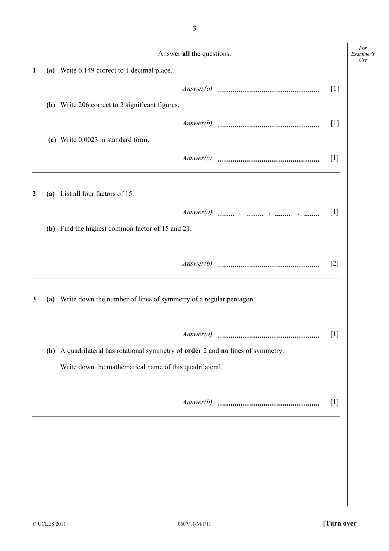 Cambridge IGCSE Mathematics - International 0607 2011 May/June Paper 1 · Variant 1 question paper, page 3 of 8