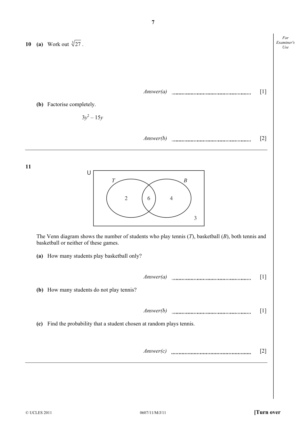 Cambridge IGCSE Mathematics - International 0607 2011 May/June Paper 1 · Variant 1 question paper, page 7 of 8