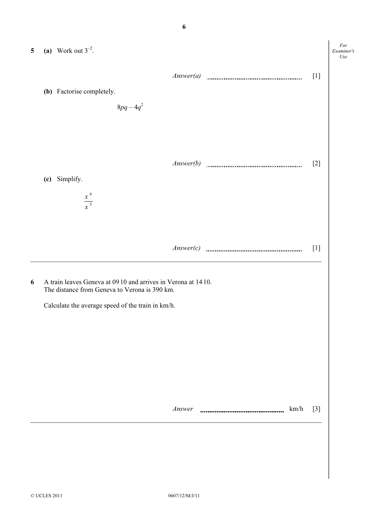 Cambridge IGCSE Mathematics - International 0607 2011 May/June Paper 1 · Variant 2 question paper, page 6 of 12
