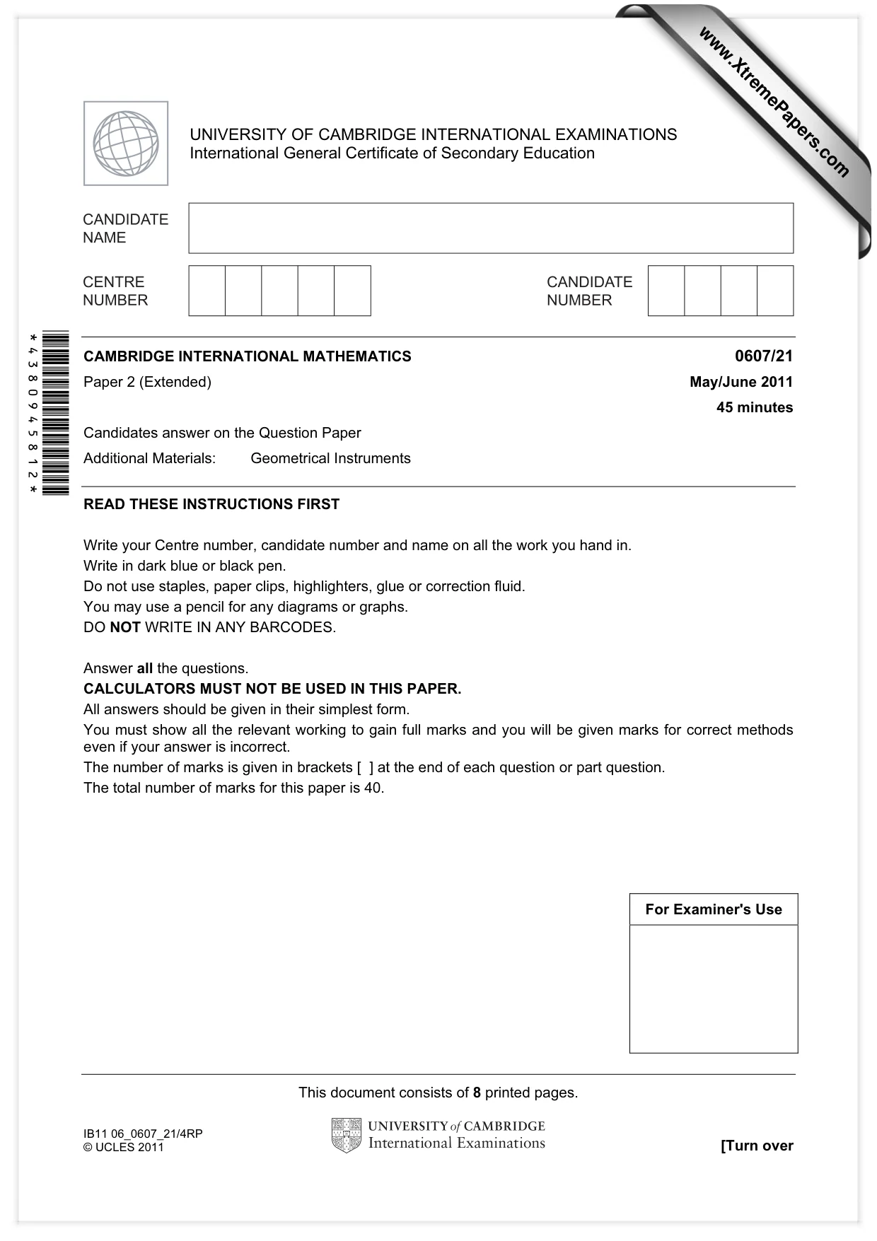 Cambridge IGCSE Mathematics - International 0607 2011 May/June Paper 2 · Variant 1 question paper, page 1 of 8