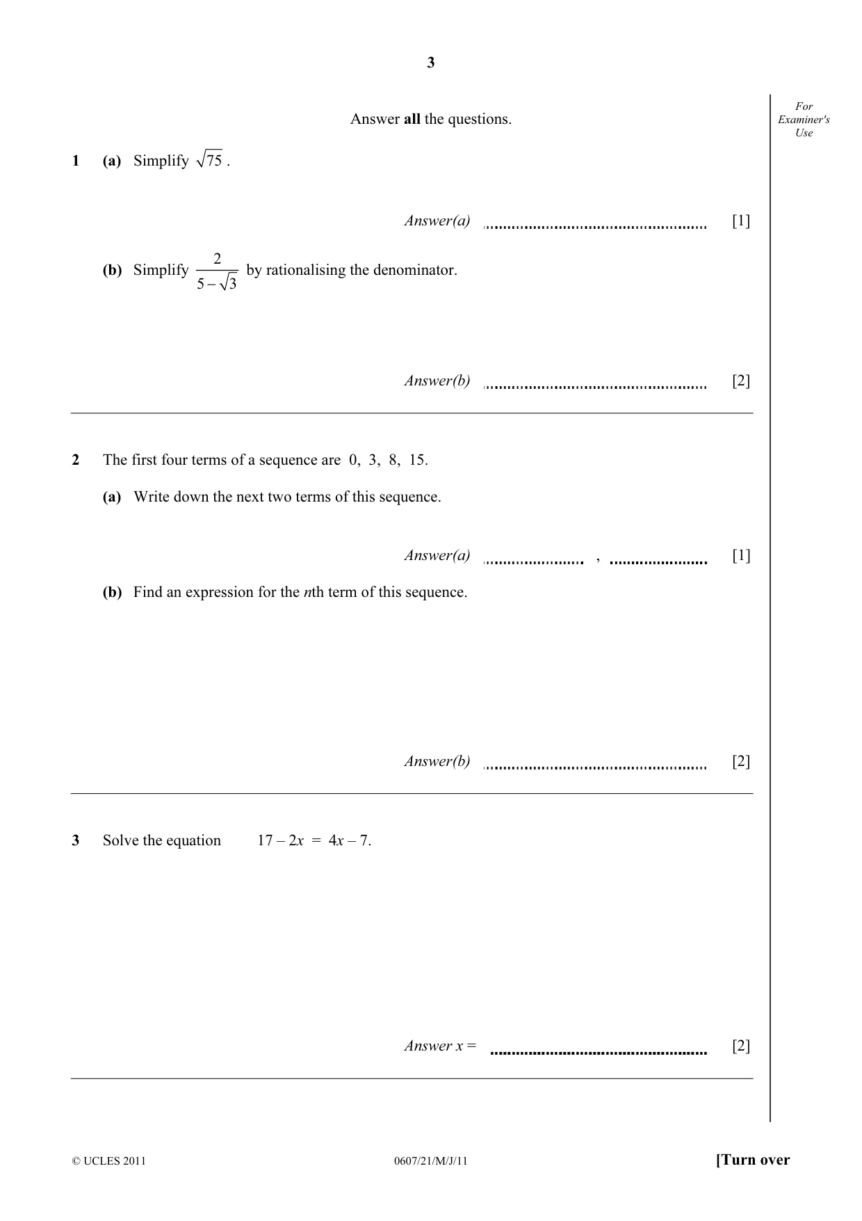 Cambridge IGCSE Mathematics - International 0607 2011 May/June Paper 2 · Variant 1 question paper, page 3 of 8